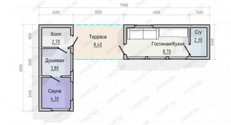 Дом с двумя входами и террасой 11,9х6-30м2